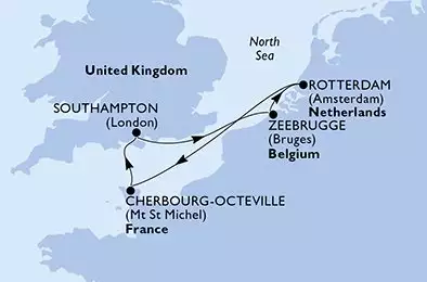 MSC VIRTUOSA - itinerár  5 nocí odchod z SouthamptonUnited Kingdom dňa 05/05/2025 - United Kingdom,Belgium,Netherlands,France
