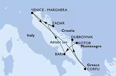 MSC OPERA - itinerár  7 nocí odchod z Venice-Marghera Italy dňa 11/05/2025 - Italy,Greece,Croatia,Montenegro