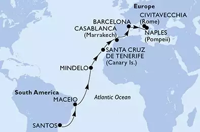 MSC ORCHESTRA  - itinerár  17 nocí odchod z Santos Brazil dňa 10/03/2025 - Brazil,Cape Verde,Spain,Morocco,France,Italy
