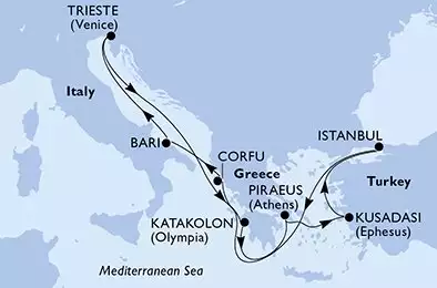 MSC FANTASIA - itinerár  9 nocí odchod z Istanbul Turkey dňa 07/05/2025 - Istanbul,Corfu,Bari,Trieste,Katakolon,Piraeus,Kusadasi,Istanbul
