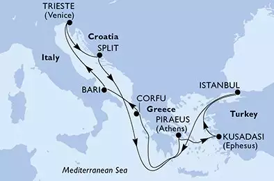 MSC SPLENDIDA - itinerár  9 nocí odchod z Trieste Italy dňa 08/11/2024 - Trieste,Split,Piraeus,Kusadasi,Istanbul,Corfu,Bari,Trieste