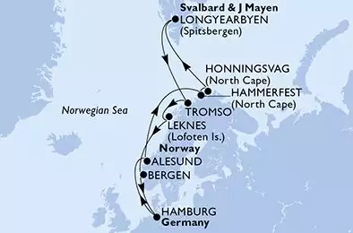 MSC PREZIOSA - itinerár  14 nocí odchod z HamburgGermany dňa 20/06/2025 - Germany,Norway,Svalbard and Jan Mayen Islands