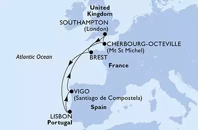 MSC VIRTUOSA - itinerár  7 nocí odchod z Southampton United Kingdom dňa 31/10/2026 - United Kingdom,France,Portugal,Spain