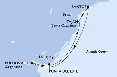 MSC SPLENDIDA - itinerár  7 nocí odchod z Buenos Aires Argentina dňa 17/03/2025 - Buenos Aires,Punta Del Este,Itajai,Santos,Buenos Aires