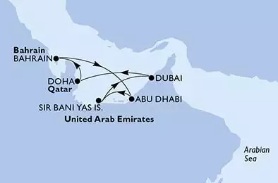 MSC EURIBIA - itinerár  7 nocí odchod z DubaiU.Arab Emirates dňa 22/11/2025 - Dubai,Doha,Bahrain,Abu Dhabi,Sir Bani Yas,Dubai