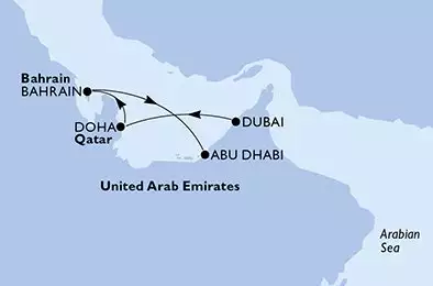MSC EURIBIA - itinerár  4 nocí odchod z Dubai U. Arab Emirates dňa 08/11/2025 - United Arab Emirates,Qatar,Bahrain