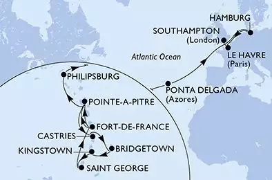 MSC VIRTUOSA - itinerár  23 nocí odchod z Fort de France Martinique dňa 28/03/2026 - Fort de France,Pointe-a-Pitre,Castries,Bridgetown,Kingstown,Saint George,Fort de France,Pointe-a-Pitre,Philipsburg,Ponta Delgada,Hamburg,Le Havre,Southampton