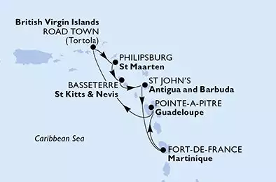 MSC VIRTUOSA - itinerár  7 nocí odchod z Pointe-a-Pitre Guadeloupe dňa 25/01/2026 - Pointe-a-Pitre,Road Town,Philipsburg,Basseterre,St John s,Fort de France,Pointe-a-Pitre