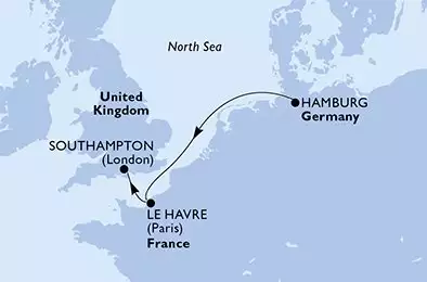 MSC VIRTUOSA - itinerár  3 nocí odchod z Hamburg Germany dňa 17/04/2026 - Hamburg,Le Havre,Southampton