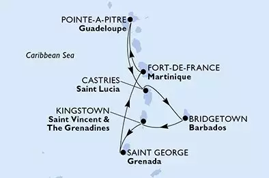 MSC VIRTUOSA - itinerár  7 nocí odchod z Pointe-a-Pitre Guadeloupe dňa 18/01/2026 - Pointe-a-Pitre,Castries,Bridgetown,Kingstown,Saint George,Fort de France,Pointe-a-Pitre