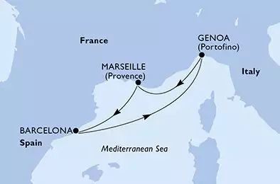 MSC GRANDIOSA - itinerár  4 nocí odchod z Marseille France dňa 16/11/2025 - Marseille,Barcelona,Genoa,Marseille