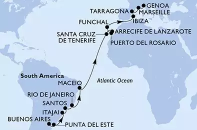 MSC SPLENDIDA - itinerár  23 nocí odchod z Buenos Aires Argentina dňa 24/03/2025 - Buenos Aires,Punta Del Este,Itajai,Santos,Rio de Janeiro,Maceio,Santa Cruz de Tenerife,Arrecife de Lanzarote,Puerto del Rosario,Funchal,Ibiza,Tarragona,Marseille,Genoa