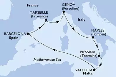MSC WORLD EUROPA - itinerár  7 nocí odchod z Genoa Italy dňa 19/04/2026 - Genoa,Naples,Messina,Valletta,Barcelona,Marseille,Genoa