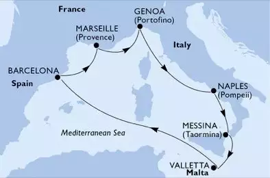 MSC WORLD EUROPA - itinerár  7 nocí odchod z Marseille France dňa 09/05/2026 - Marseille,Genoa,Naples,Messina,Valletta,Barcelona,Marseille