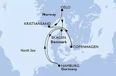 MSC PREZIOSA - itinerár  7 nocí odchod z HamburgGermany dňa 03/05/2026 - Hamburg,Copenhagen,Kristiansand,Oslo,Skagen,Hamburg Cruise Parade,Hamburg