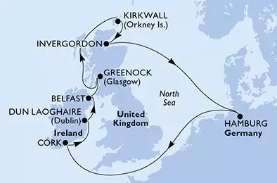 MSC PREZIOSA - itinerár  10 nocí odchod z HamburgGermany dňa 10/05/2026 - Hamburg,Cork,Dun Laoghaire,Belfast,Greenock,Kirkwall,Invergordon,Hamburg