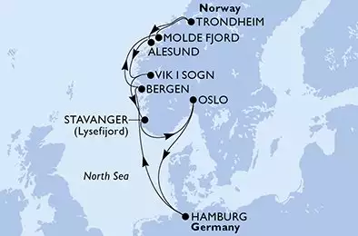MSC PREZIOSA - itinerár  11 nocí odchod z HamburgGermany dňa 13/09/2026 - Hamburg,Bergen,Molde Fjord,Trondheim,Alesund,Vik i Sogn,Stavanger,Oslo,Hamburg