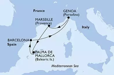 MSC SPLENDIDA - itinerár  5 nocí odchod z Genoa Italy dňa 30/04/2025 - Genoa,Marseille,Palma de Mallorca,Barcelona,Genoa