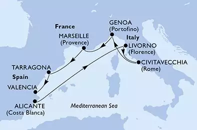 MSC SPLENDIDA - itinerár  7 nocí odchod z Alicante Spain dňa 23/08/2025 - Alicante,Livorno,Civitavecchia,Genoa,Marseille,Tarragona,Valencia