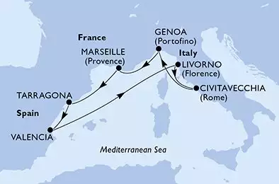 MSC SPLENDIDA - itinerár  7 nocí odchod z Genoa Italy dňa 28/05/2025 - Genoa,Marseille,Tarragona,Valencia,Livorno,Civitavecchia,Genoa
