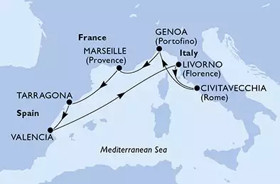 MSC SPLENDIDA - itinerár  7 nocí odchod z Tarragona Spain dňa 30/05/2025 - Tarragona,Valencia,Livorno,Civitavecchia,Genoa,Marseille,Tarragona