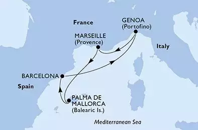 MSC SPLENDIDA - itinerár  5 nocí odchod z Marseille France dňa 01/05/2025 - Marseille,Palma de Mallorca,Barcelona,Genoa,Marseille