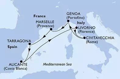 MSC SPLENDIDA - itinerár  7 nocí odchod z Tarragona Spain dňa 22/08/2025 - Tarragona,Alicante,Livorno,Civitavecchia,Genoa,Marseille,Tarragona