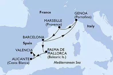 MSC SPLENDIDA - itinerár  7 nocí odchod z Barcelone Espagne dňa 03/05/2025 - Barcelona,Genoa,Marseille,Barcelona,Palma de Mallorca,Alicante,Valencia