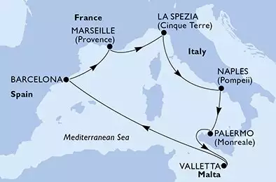 MSC MAGNIFICA - itinerár  7 nocí odchod z La Spezia Italy dňa 21/07/2025 - La Spezia,Naples,Palermo,Valletta,Barcelona,Marseille,La Spezia