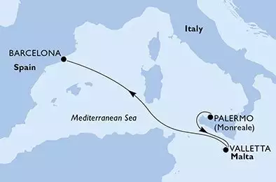 MSC MAGNIFICA - itinerár  3 nocí odchod z Palermo Italy dňa 01/10/2025 - Palermo,Valletta,Barcelona