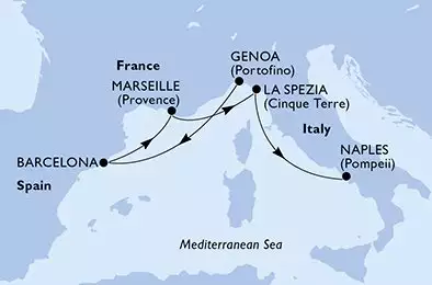 MSC MAGNIFICA - itinerár  4 nocí odchod z Genoa (Portofino) Italy dňa 09/05/2025 - Genoa,Barcelona,Marseille,La Spezia,Naples