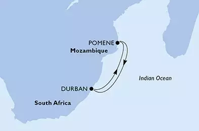 MSC OPERA - itinerár  4 nocí odchod z Durban South Africa dňa 02/02/2026 - Durban,Pomene,Durban