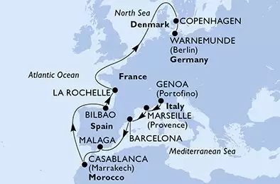 MSC MAGNIFICA - itinerár  13 nocí odchod z Genoa (Portofino) Italy dňa 03/05/2026 - Italy,France,Spain,Morocco,Denmark,Germany