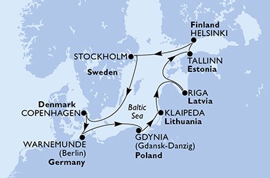 MSC MAGNIFICA - itinerár  10 nocí odchod z Copenhagen Denmark dňa 12/09/2026 - Copenhagen,Warnemunde,Gdynia,Klaipeda,Riga,Tallinn,Helsinki,Stockholm,Stockholm,Copenhagen