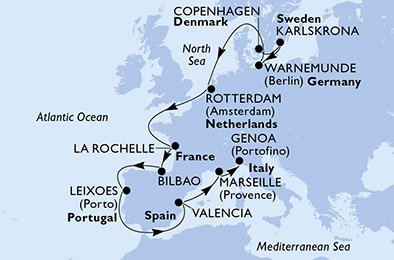 MSC MAGNIFICA - itinerár  14 nocí odchod z Copenhagen Denmark dňa 03/10/2026 - Copenhagen,Karlskrona,Warnemunde,Rotterdam,La Rochelle,Bilbao,Leixoes,Valencia,Marseille,Genoa