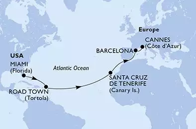 MSC DIVINA - itinerár  14 nocí odchod z Miami United States dňa 09/04/2026 - United States,Virgin Islands (British),Spain,France