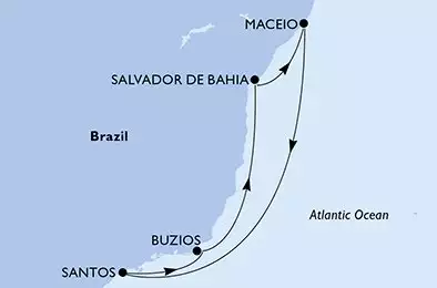 MSC SEAVIEW - itinerár  7 nocí odchod z Salvador Brazil dňa 20/01/2026 - Salvador,Maceio,Santos,Buzios,Salvador