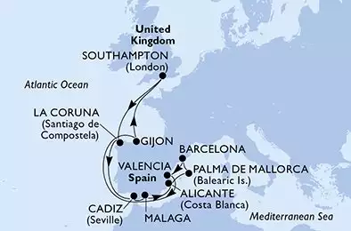 MSC VIRTUOSA - itinerár  14 nocí odchod z Southampton United Kingdom dňa 12/07/2025 - United Kingdom,Spain