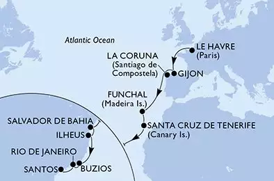 MSC PREZIOSA - itinerár  18 nocí odchod z Le Havre (Paris) France dňa 08/10/2025 - Le Havre,Gijon,La Coruna,Funchal,Santa Cruz de Tenerife,Salvador,Ilheus,Buzios,Rio de Janeiro,Santos