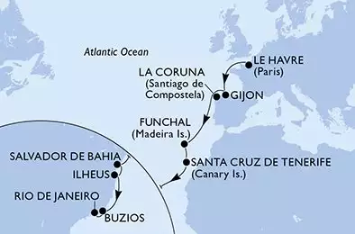 MSC PREZIOSA - itinerár  17 nocí odchod z Le Havre (Paris) France dňa 08/10/2025 - Le Havre,Gijon,La Coruna,Funchal,Santa Cruz de Tenerife,Salvador,Ilheus,Buzios,Rio de Janeiro