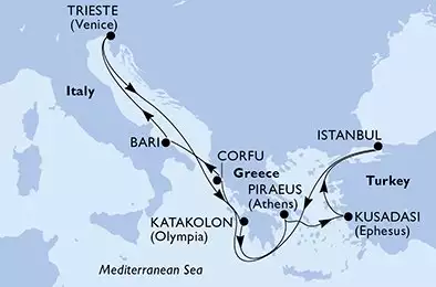 MSC FANTASIA - itinerár  9 nocí odchod z Istanbul Turkey dňa 22/06/2026 - Istanbul,Corfu,Bari,Trieste,Katakolon,Piraeus,Kusadasi,Istanbul