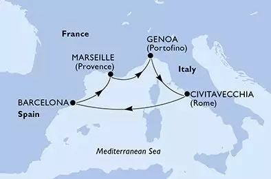 MSC FANTASIA - itinerár  5 nocí odchod z Génova (Portofino) Italia dňa 13/04/2026 - Genoa,Civitavecchia,Barcelona,Marseille,Genoa