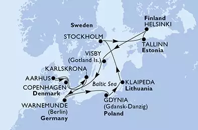 MSC POESIA - itinerár  11 nocí odchod z WarnemündeGermany dňa 30/04/2025 - Germany,Poland,Lithuania,Sweden,Estonia,Finland,Denmark