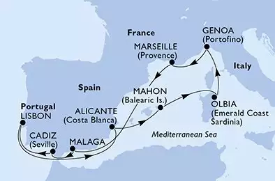 MSC OPERA - itinerár  10 nocí odchod z Marsiglia (Provenza) Francia dňa 22/08/2026 - Marseille,Malaga,Cadiz,Lisbon,Alicante,Mahon,Olbia,Genoa,Marseille