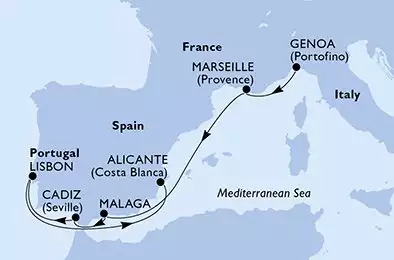 MSC OPERA - itinerár  7 nocí odchod z Génova (Portofino) Italia dňa 13/05/2026 - Genoa,Marseille,Malaga,Cadiz,Lisbon,Alicante