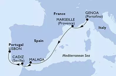 MSC OPERA - itinerár  5 nocí odchod z Génova (Portofino) Italia dňa 13/05/2026 - Genoa,Marseille,Malaga,Cadiz,Lisbon