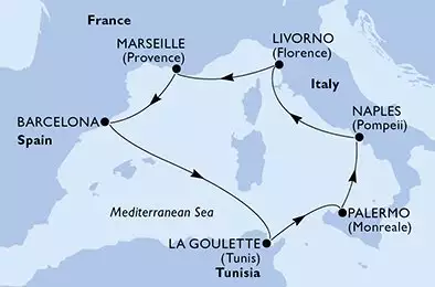 MSC MERAVIGLIA - itinerár  7 nocí odchod z Marsella (Provenza) Francia dňa 29/06/2026 - Marseille,Barcelona,La Goulette,Palermo,Naples,Livorno,Marseille