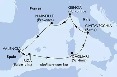 MSC MUSICA - itinerár  7 nocí odchod z Génova (Portofino) Italia dňa 21/04/2026 - Italy,France,Spain