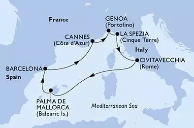 MSC GRANDIOSA - itinerár  7 nocí odchod z Palma de Mallorca Spain dňa 15/05/2026 - Palma de Mallorca,Barcelona,Cannes,Genoa,La Spezia,Civitavecchia,Palma de Mallorca