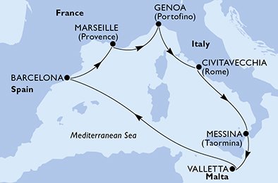 MSC WORLD ASIA - itinerár  7 nocí odchod z Barcelone Espagne dňa 11/12/2026 - Barcelona,Marseille,Genoa,Civitavecchia,Messina,Valletta,Barcelona